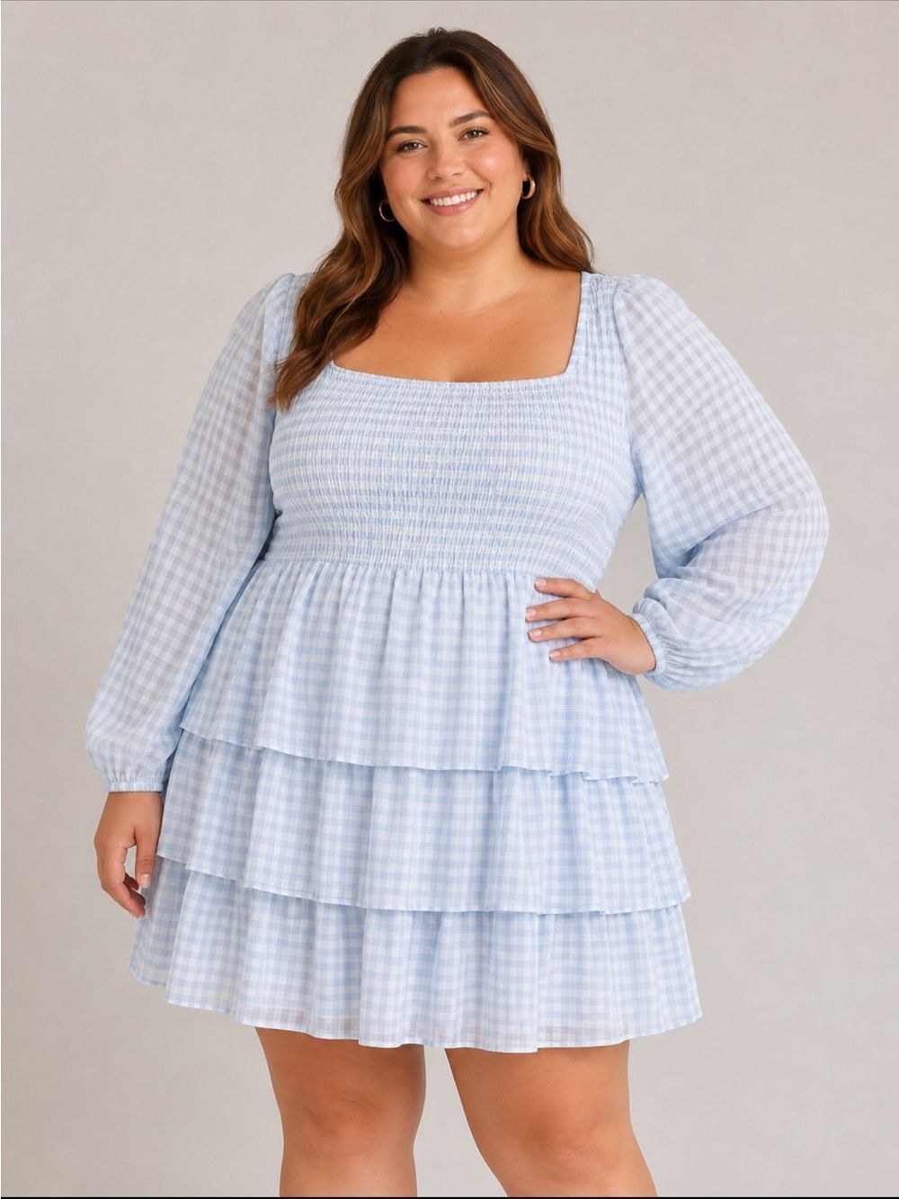 Smocked Tiered Mini Dress in Light Blue Gingham